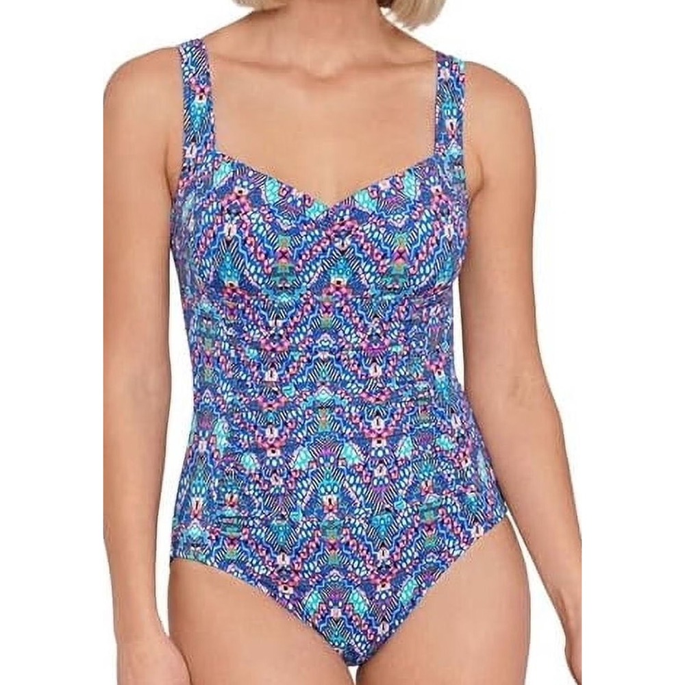 Swim Solution Women's Tummy Control Waist Minimizer 1pc Swimsuit - Blue Aztec 10